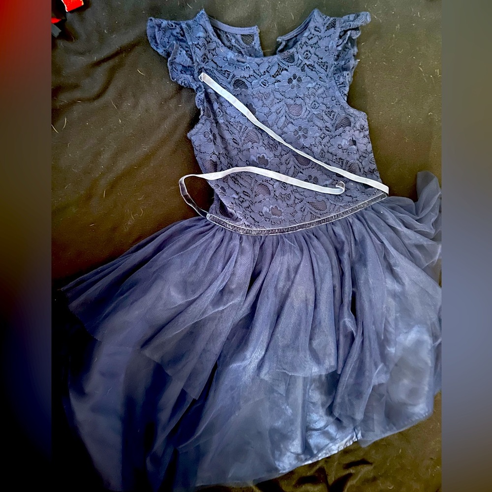 This dress is a extremely dark blue has a lace top and tulle skirt